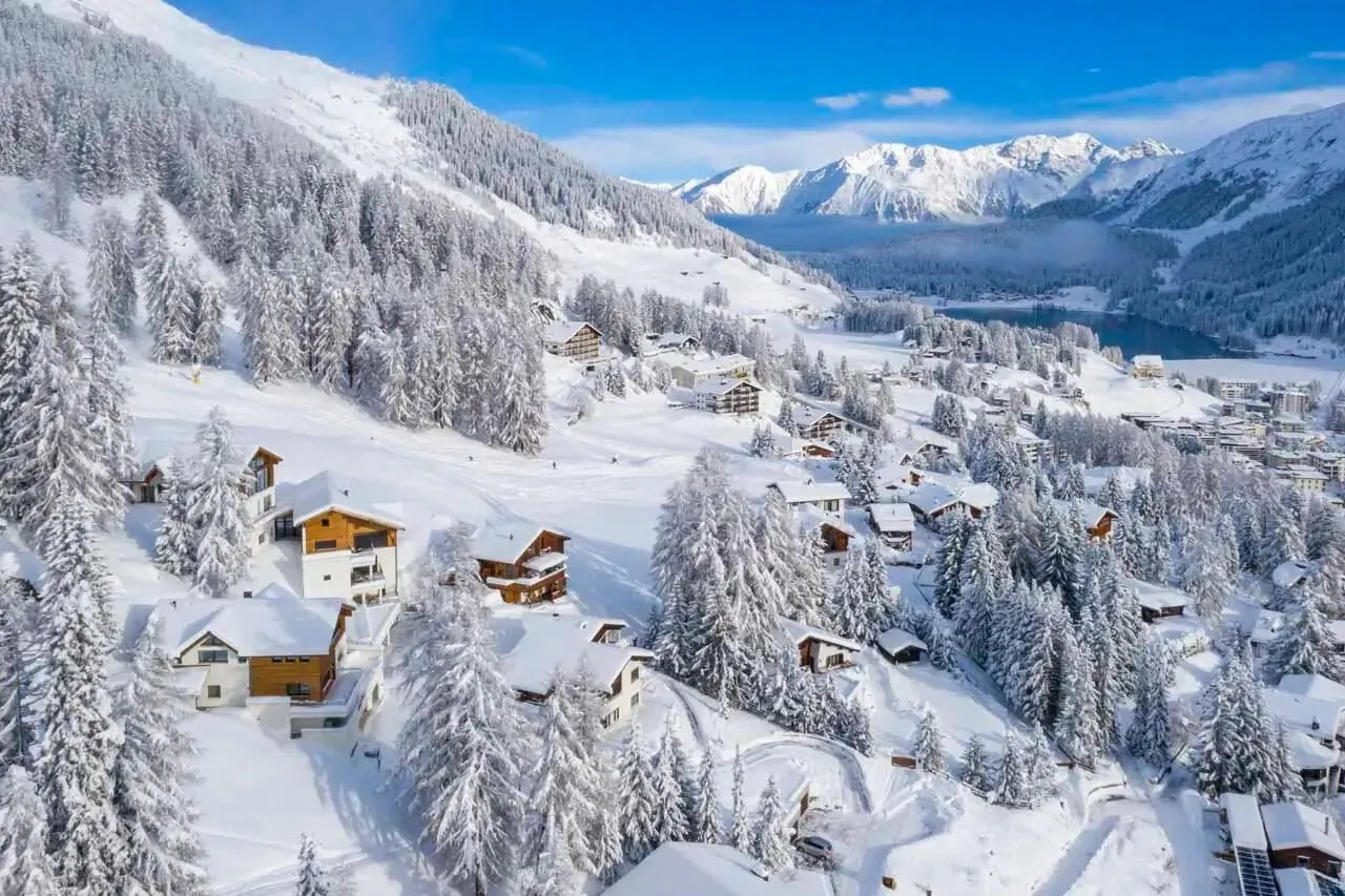 Aerial winter view down the Davos valley on a sunny day